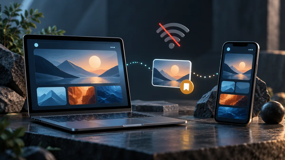 Laptop and phone showing matching app panels and saved content